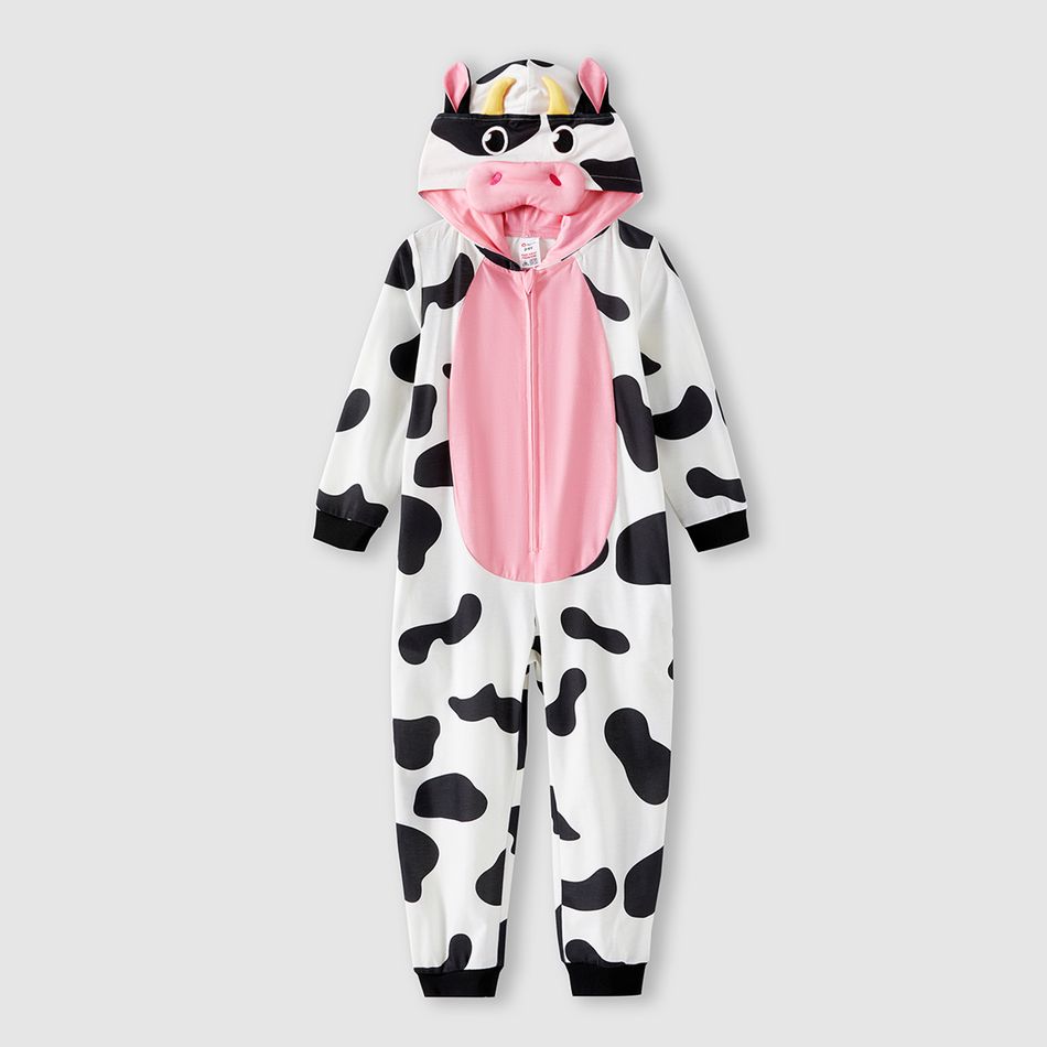 Family Matching Allover Cow Print 3D Ears Hooded Long-sleeve Zipper Onesies Pajamas (Flame Resistant) BlackandWhite big image 12