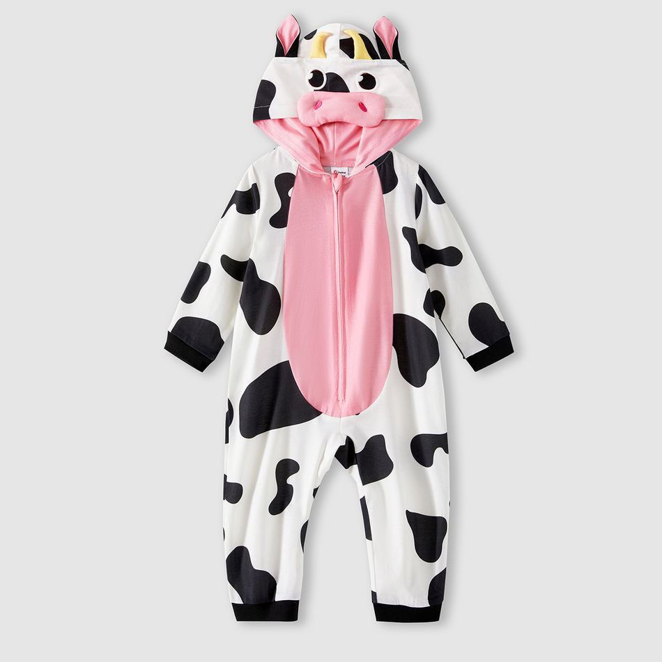 Family Matching Allover Cow Print 3D Ears Hooded Long-sleeve Zipper Onesies Pajamas (Flame Resistant) BlackandWhite big image 14