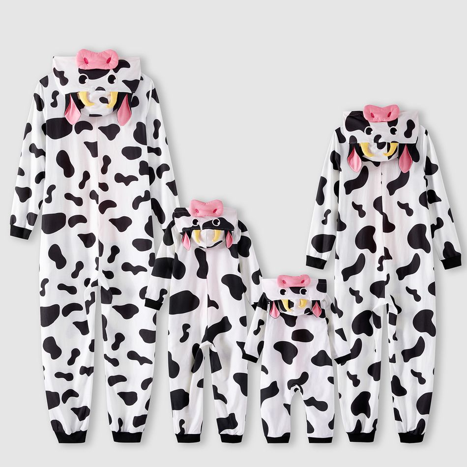 Family Matching Allover Cow Print 3D Ears Hooded Long-sleeve Zipper Onesies Pajamas (Flame Resistant) BlackandWhite big image 2