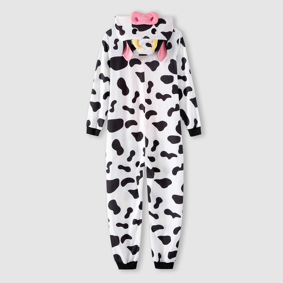 Family Matching Allover Cow Print 3D Ears Hooded Long-sleeve Zipper Onesies Pajamas (Flame Resistant) BlackandWhite big image 4