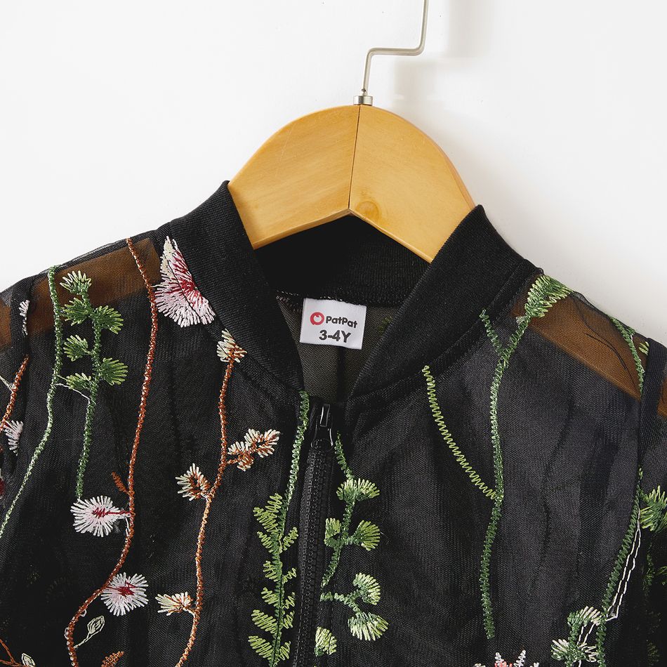 Mommy and Me Floral Embroidered Black Sheer Mesh Long-sleeve Zipper Jacket Black big image 5