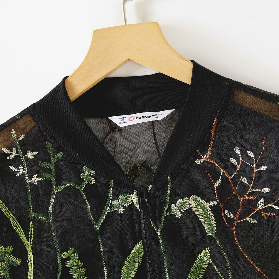 Mommy and Me Floral Embroidered Black Sheer Mesh Long-sleeve Zipper Jacket Black big image 3