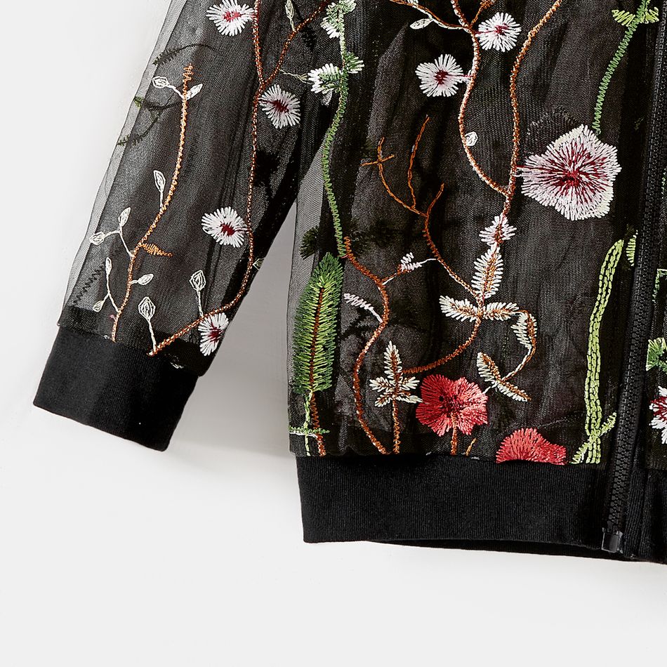 Mommy and Me Floral Embroidered Black Sheer Mesh Long-sleeve Zipper Jacket Black big image 6