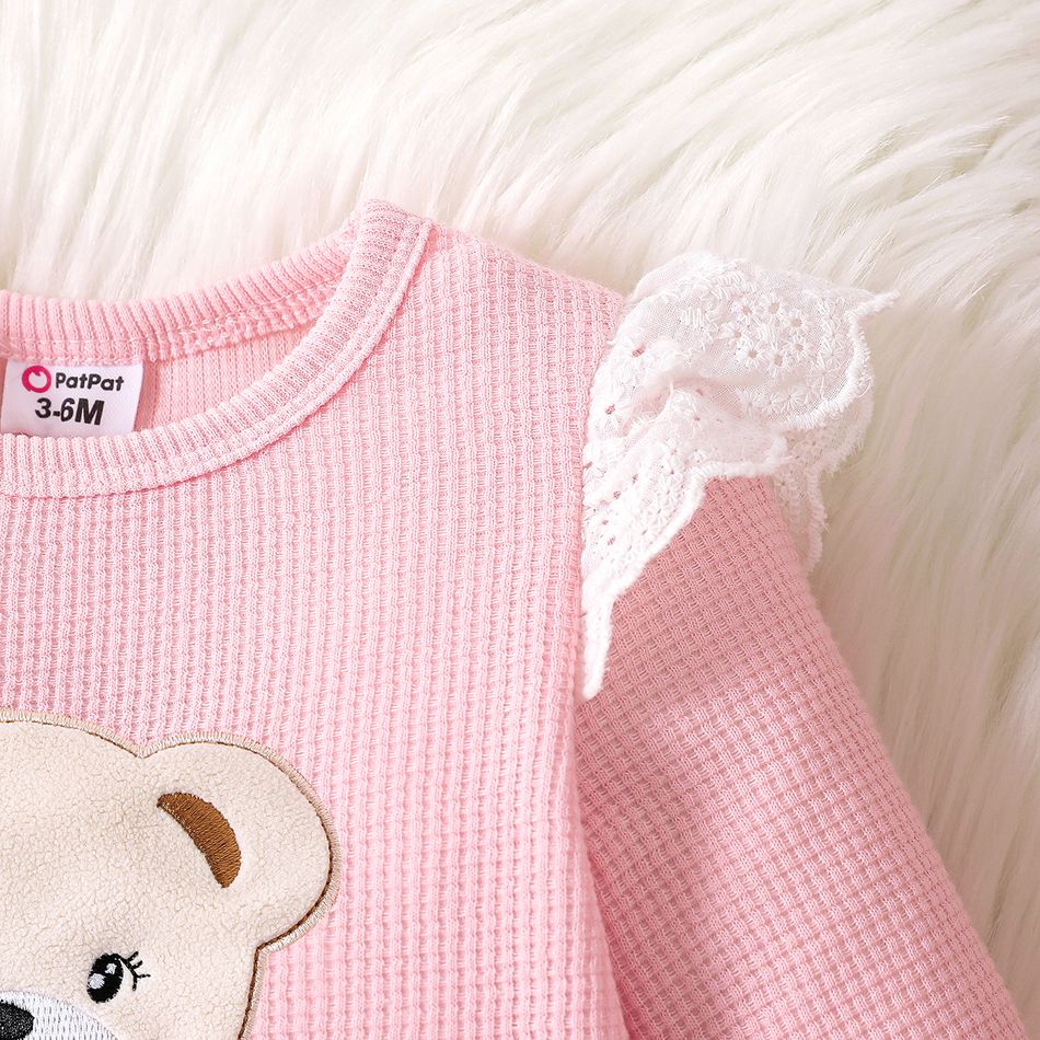 Baby Girl Bear Embroidered Pink Waffle Long-sleeve Ruffle Trim Jumpsuit BabyPowder big image 4
