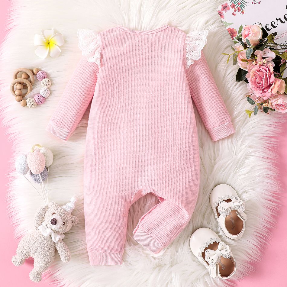 Baby Girl Bear Embroidered Pink Waffle Long-sleeve Ruffle Trim Jumpsuit BabyPowder big image 2