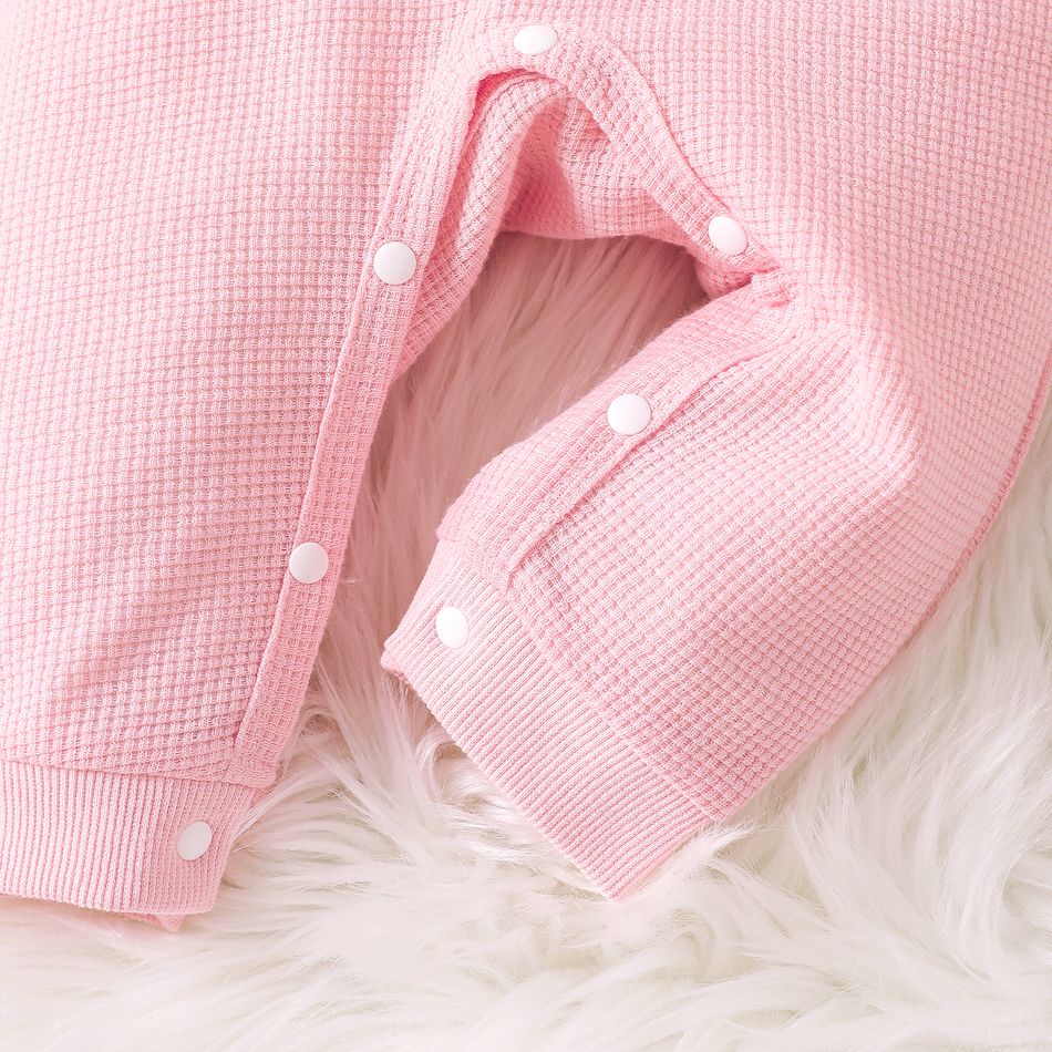 Baby Girl Bear Embroidered Pink Waffle Long-sleeve Ruffle Trim Jumpsuit BabyPowder