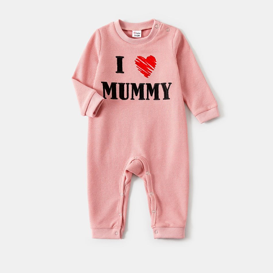Mommy and Me Heart & Letter Embroidered Colorblock Waffle Textured Long-sleeve Sweatshirts Pink big image 8