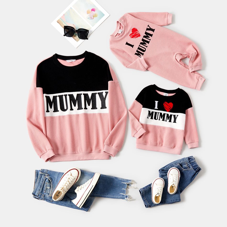 Mommy and Me Heart & Letter Embroidered Colorblock Waffle Textured Long-sleeve Sweatshirts Pink