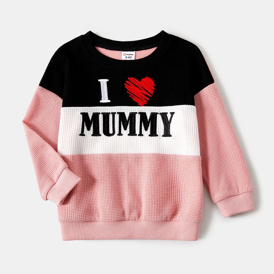 Mommy and Me Heart & Letter Embroidered Colorblock Waffle Textured Long-sleeve Sweatshirts Pink big image 6