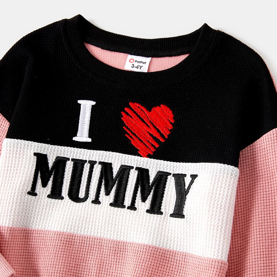 Mommy and Me Heart & Letter Embroidered Colorblock Waffle Textured Long-sleeve Sweatshirts Pink big image 7