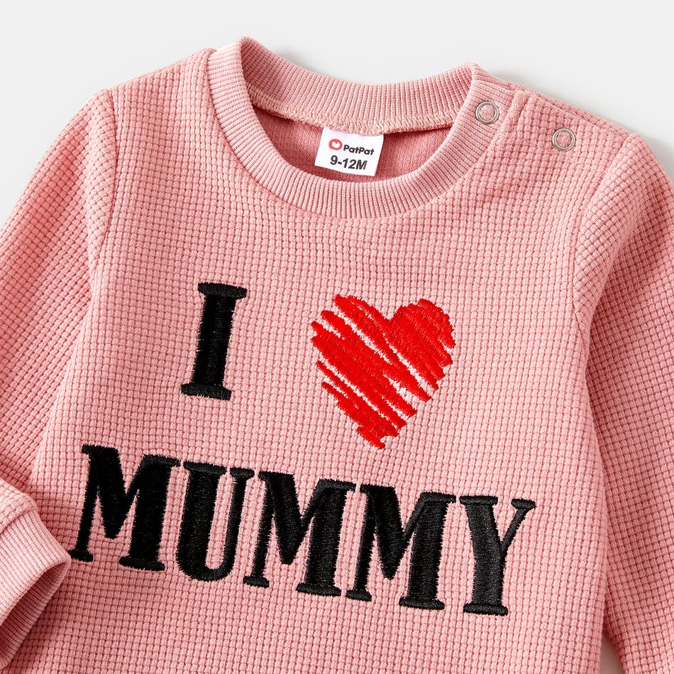 Mommy and Me Heart & Letter Embroidered Colorblock Waffle Textured Long-sleeve Sweatshirts Pink big image 9