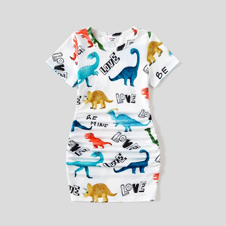 Family Matching Allover Dinosaur & Letter Print Drawstring Ruched Bodycon Dresses and Short-sleeve T-shirts Sets BlackandWhite big image 4