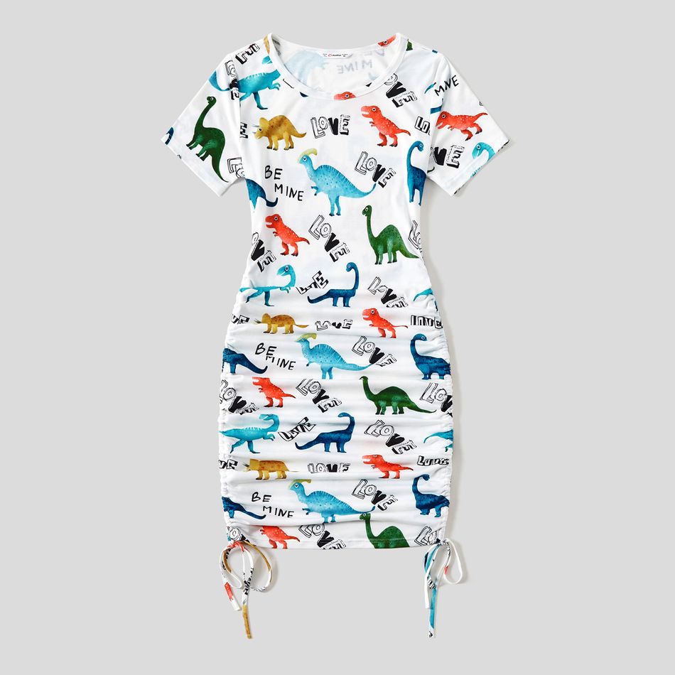 Family Matching Allover Dinosaur & Letter Print Drawstring Ruched Bodycon Dresses and Short-sleeve T-shirts Sets BlackandWhite big image 2