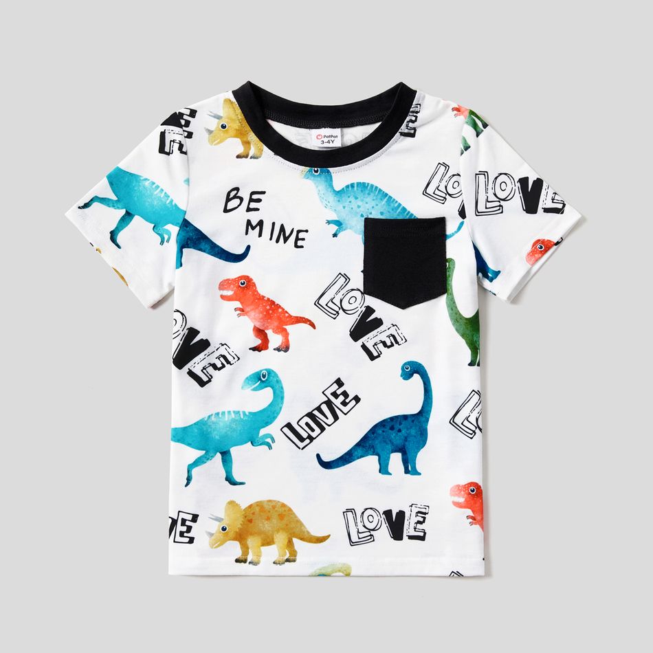 Family Matching Allover Dinosaur & Letter Print Drawstring Ruched Bodycon Dresses and Short-sleeve T-shirts Sets BlackandWhite big image 8