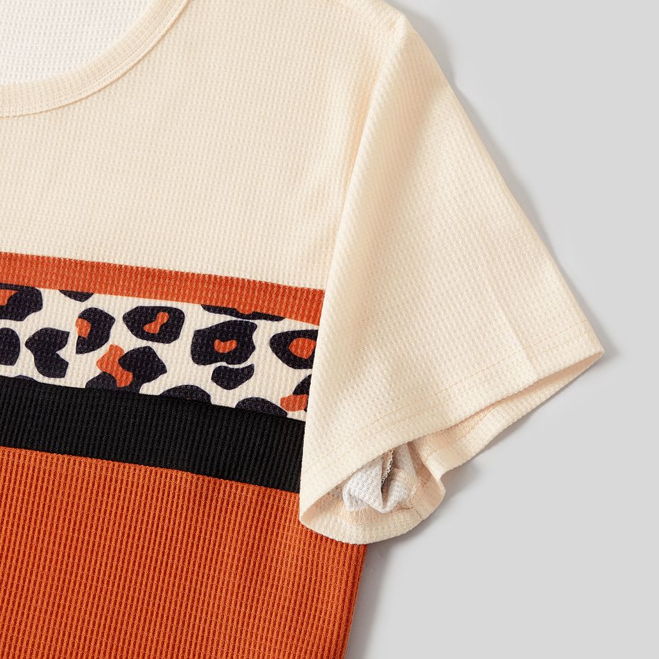 Family Matching Waffle Textured Leopard Print Colorblock Bodycon Dresses and Short-sleeve T-shirts Sets Khaki big image 9