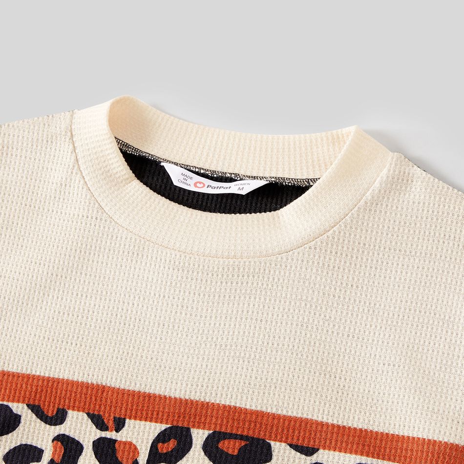 Family Matching Waffle Textured Leopard Print Colorblock Bodycon Dresses and Short-sleeve T-shirts Sets Khaki big image 3