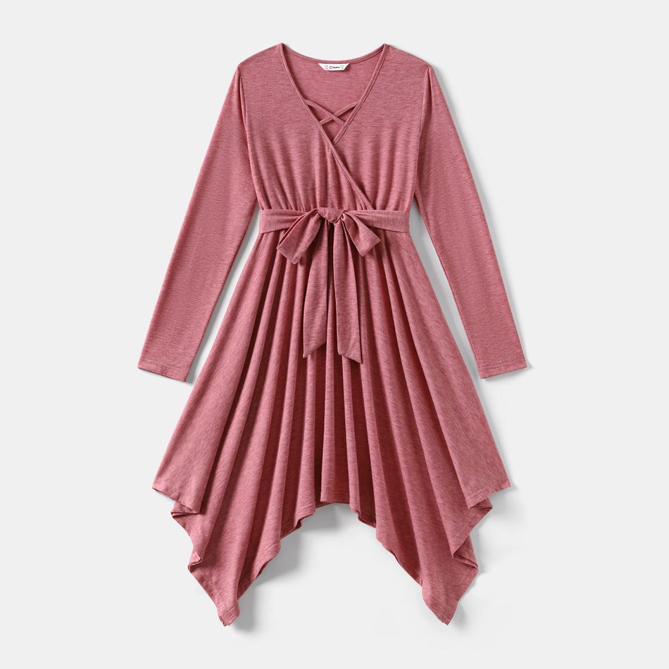Family Matching Solid V Neck Belted Asymmetric Hem Dresses and Long-sleeve Colorblock Polo Shirts Sets pinkpurple big image 2