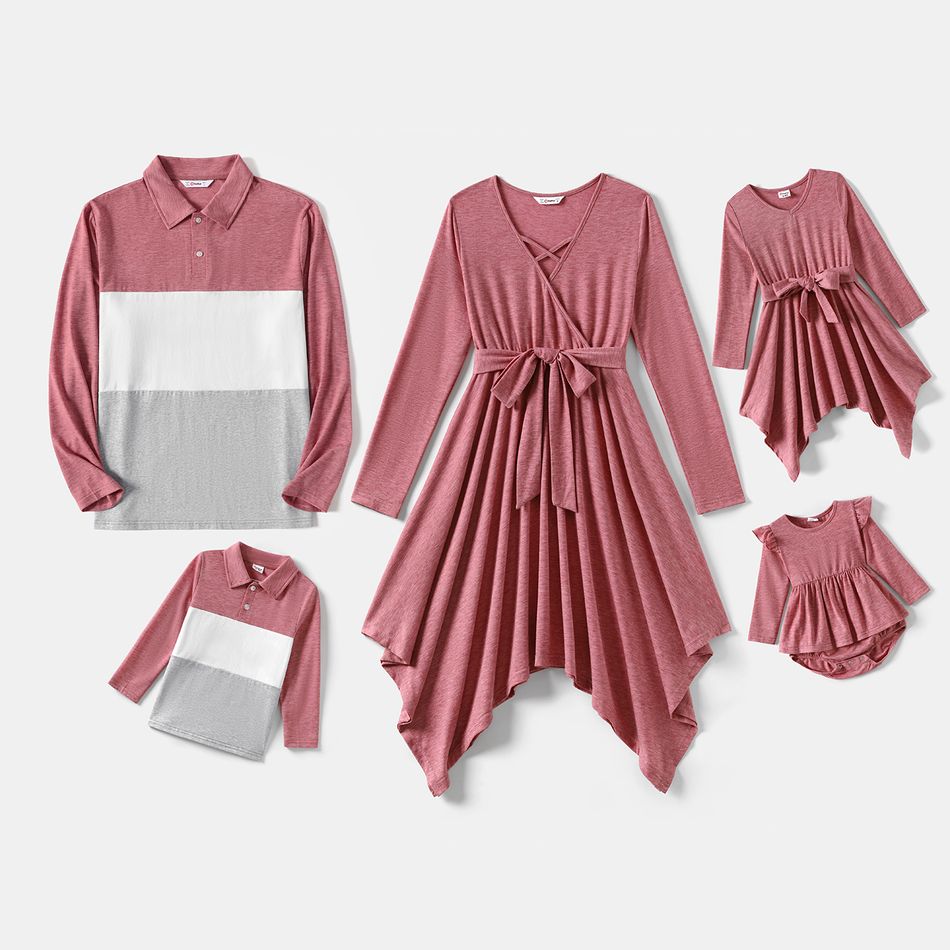 Family Matching Solid V Neck Belted Asymmetric Hem Dresses and Long-sleeve Colorblock Polo Shirts Sets pinkpurple