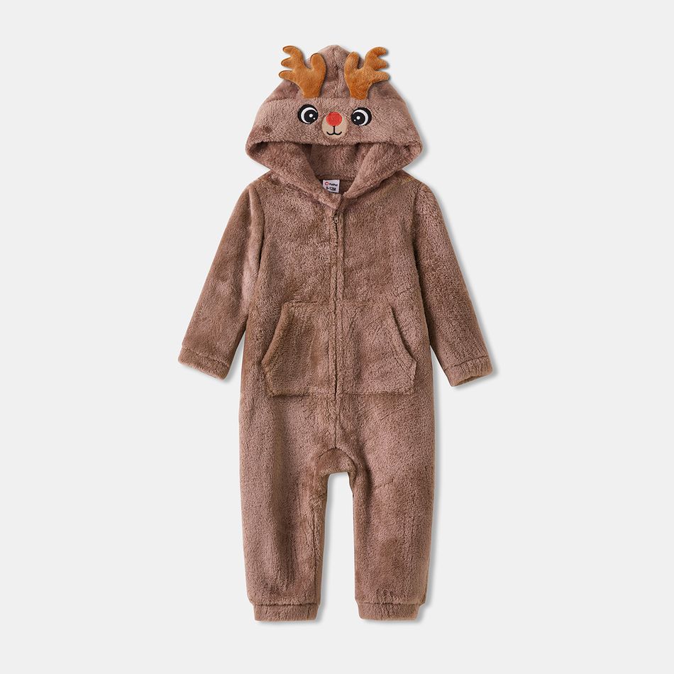 Christmas Family Matching Brown Coral Fleece Long-sleeve 3D Antler Hooded Onesies Pajamas (Flame Resistant) Brown big image 5