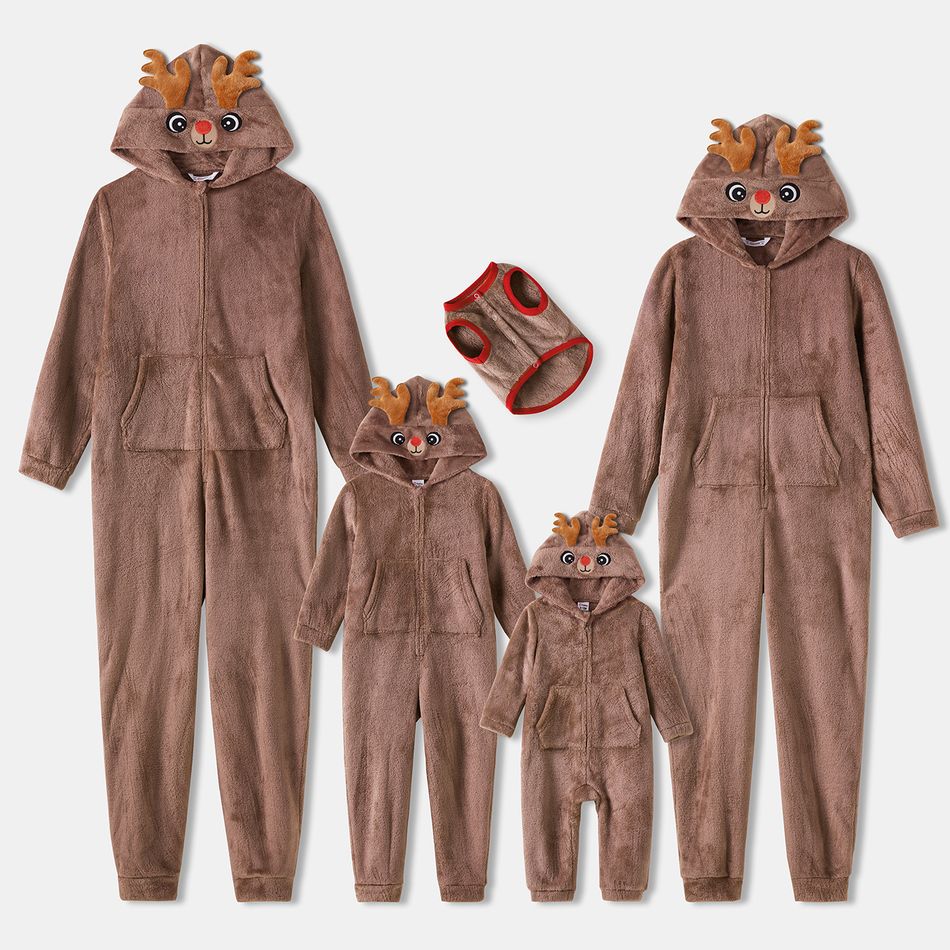 Christmas Family Matching Brown Coral Fleece Long-sleeve 3D Antler Hooded Onesies Pajamas (Flame Resistant) Brown big image 1