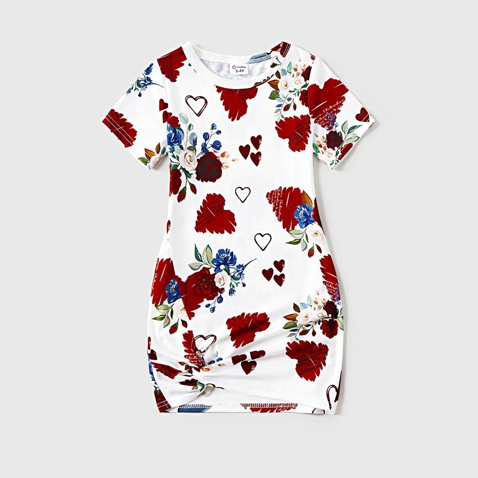 Valentine's Day Mommy and Me Allover Heart & Floral Print V Neck Short-sleeve Twist Knot Bodycon Dresses White big image 4