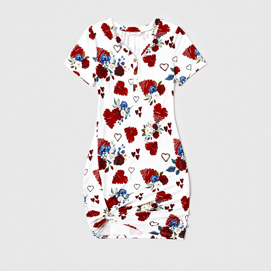 Valentine's Day Mommy and Me Allover Heart & Floral Print V Neck Short-sleeve Twist Knot Bodycon Dresses White big image 2