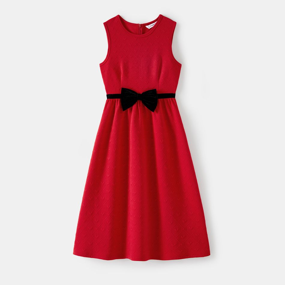 Family Matching Bow Front Red Heart Textured Tank Dresses and Long-sleeve Corduroy Shirts Sets Red big image 2