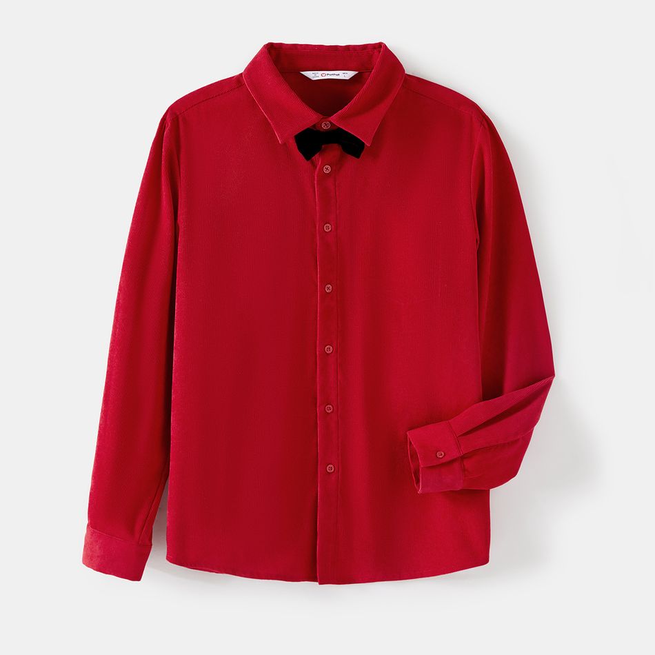 Family Matching Bow Front Red Heart Textured Tank Dresses and Long-sleeve Corduroy Shirts Sets Red big image 11