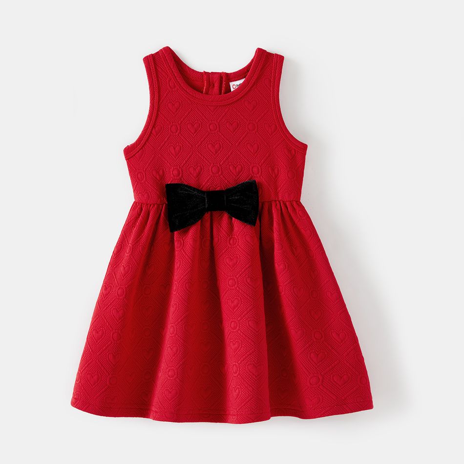 Family Matching Bow Front Red Heart Textured Tank Dresses and Long-sleeve Corduroy Shirts Sets Red big image 6