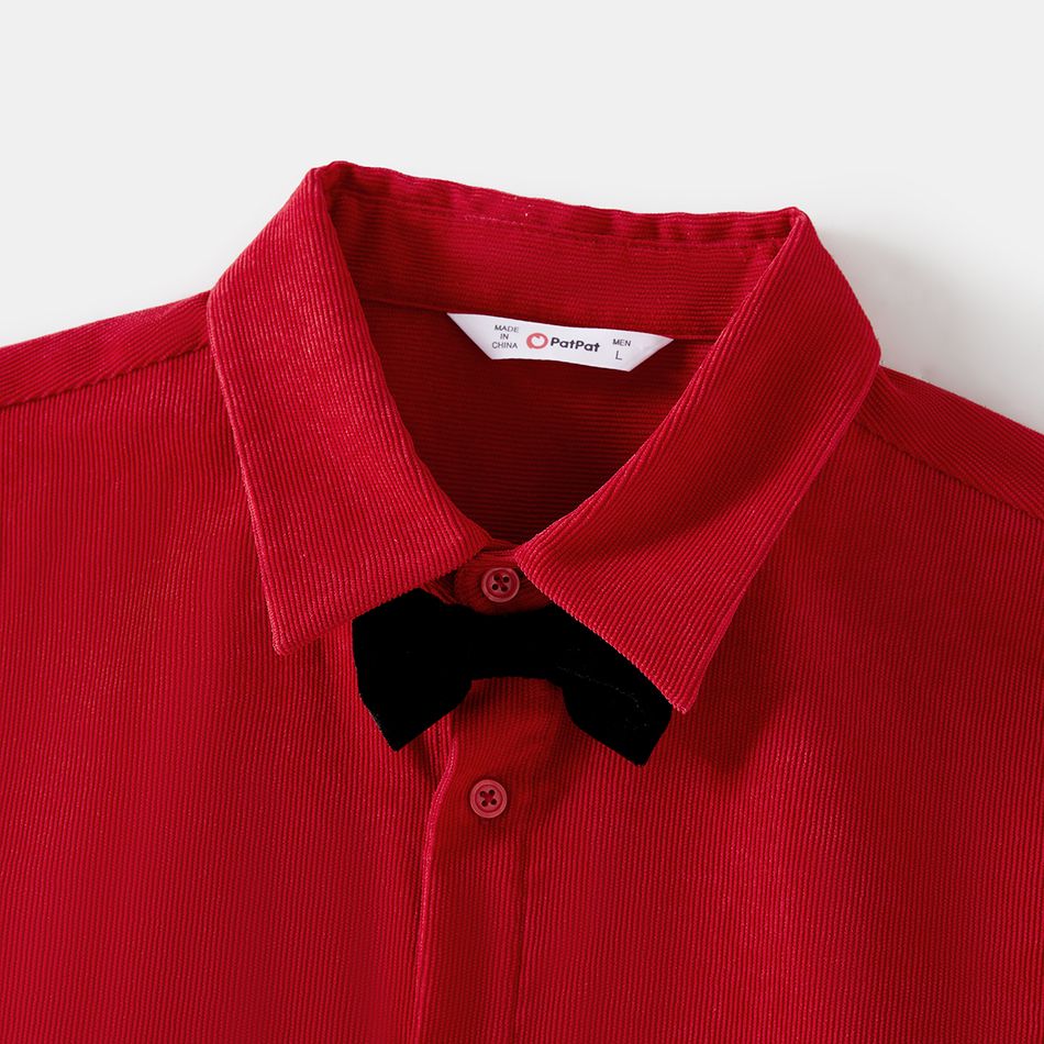 Family Matching Bow Front Red Heart Textured Tank Dresses and Long-sleeve Corduroy Shirts Sets Red big image 12