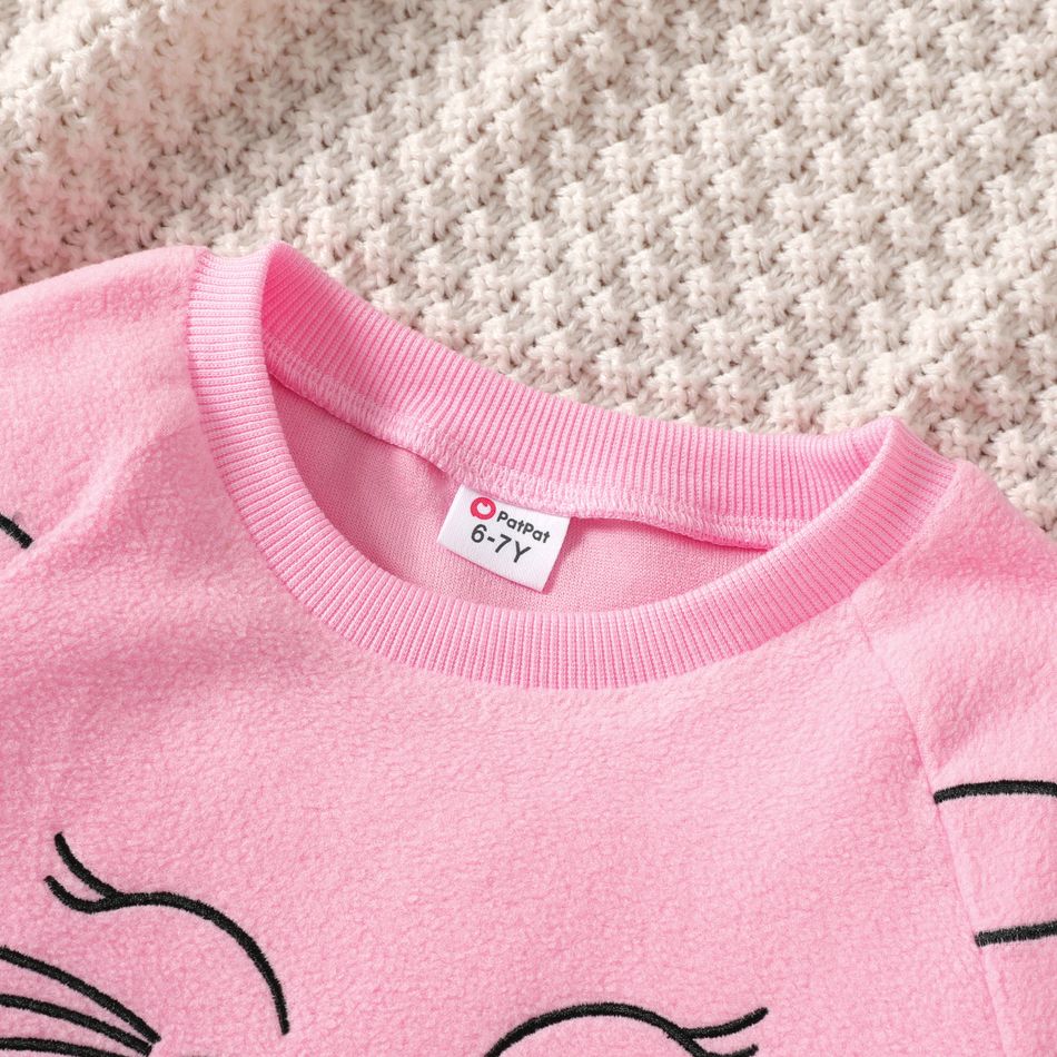 2pcs Kid Girl Cute Kitty Embroidered Fleece Sweatshirt and Colorblock Pants Set Pink big image 3