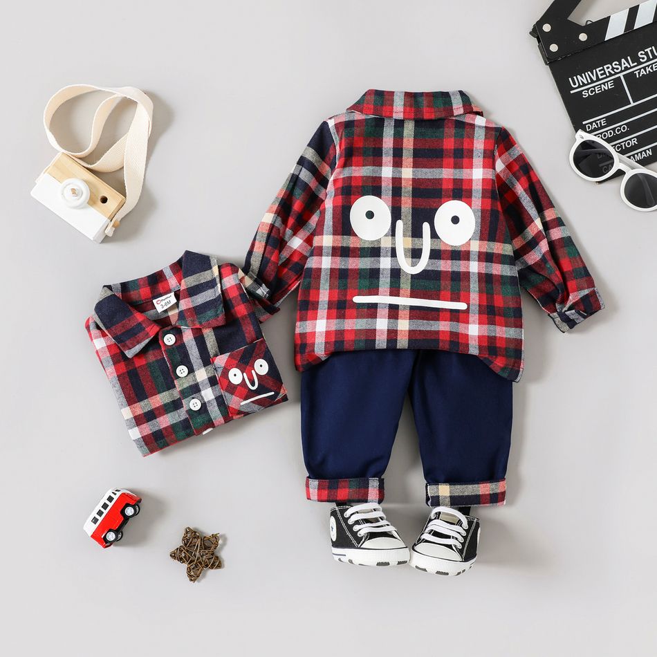2pcs Baby Boy Graphic Print Long-sleeve Plaid Shirt and Straight-fit Pants Set Red big image 2