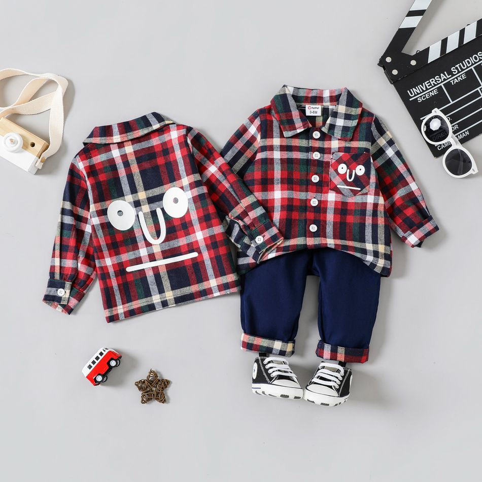2pcs Baby Boy Graphic Print Long-sleeve Plaid Shirt and Straight-fit Pants Set Red big image 1