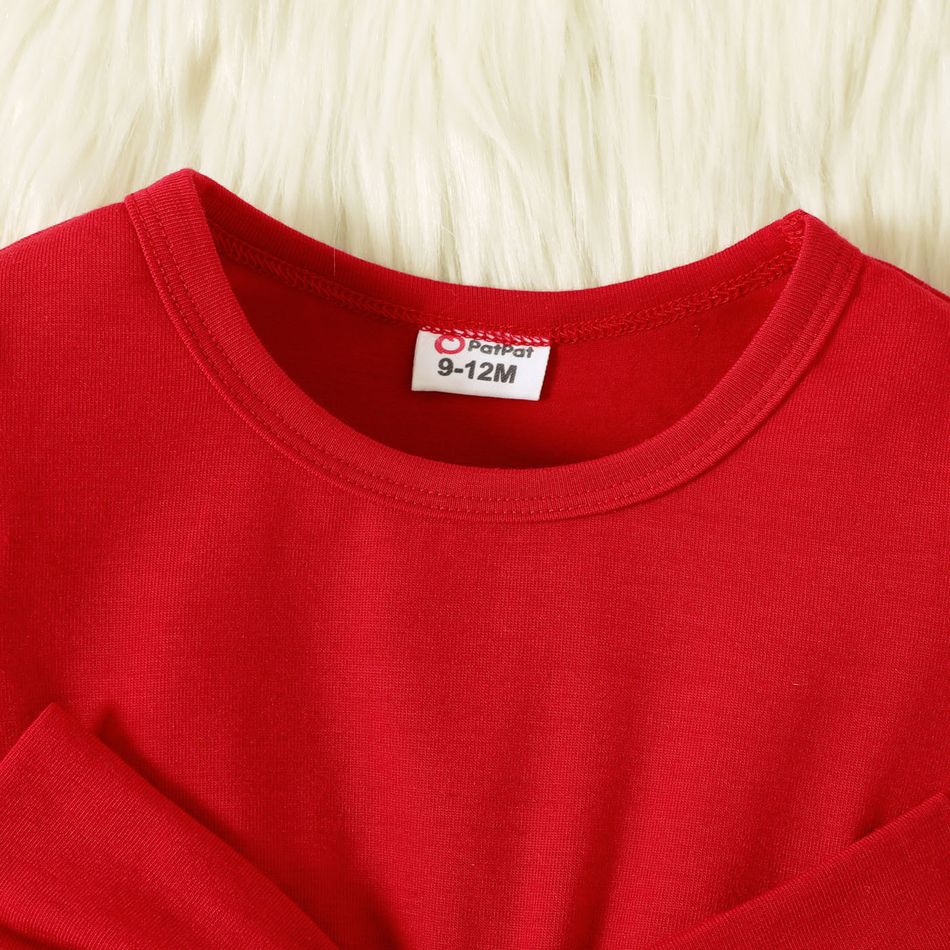 Christmas Baby Girl Bow Front Solid Long-sleeve Spliced Print Dress Red-2 big image 6