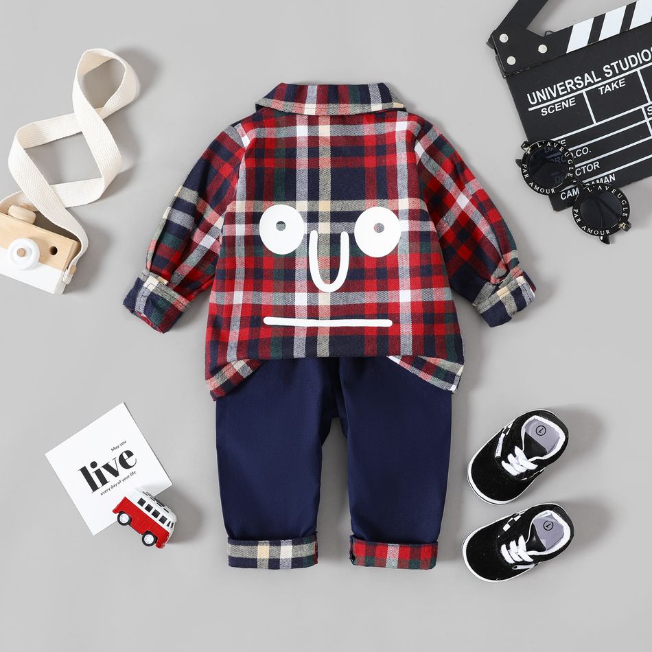 2pcs Baby Boy Graphic Print Long-sleeve Plaid Shirt and Straight-fit Pants Set Red big image 3