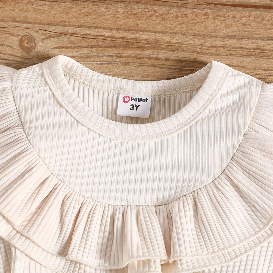 2pcs Toddler Girl Flounce Long-sleeve Ribbed Tee and Belted Plaid Skirt Set Apricot big image 3