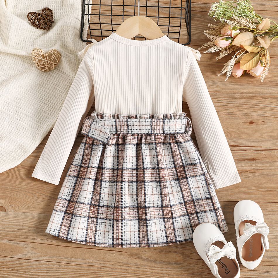 2pcs Toddler Girl Flounce Long-sleeve Ribbed Tee and Belted Plaid Skirt Set Apricot big image 2