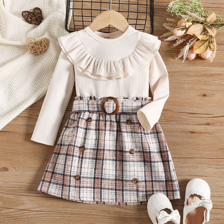 2pcs Toddler Girl Flounce Long-sleeve Ribbed Tee and Belted Plaid Skirt Set Apricot big image 1