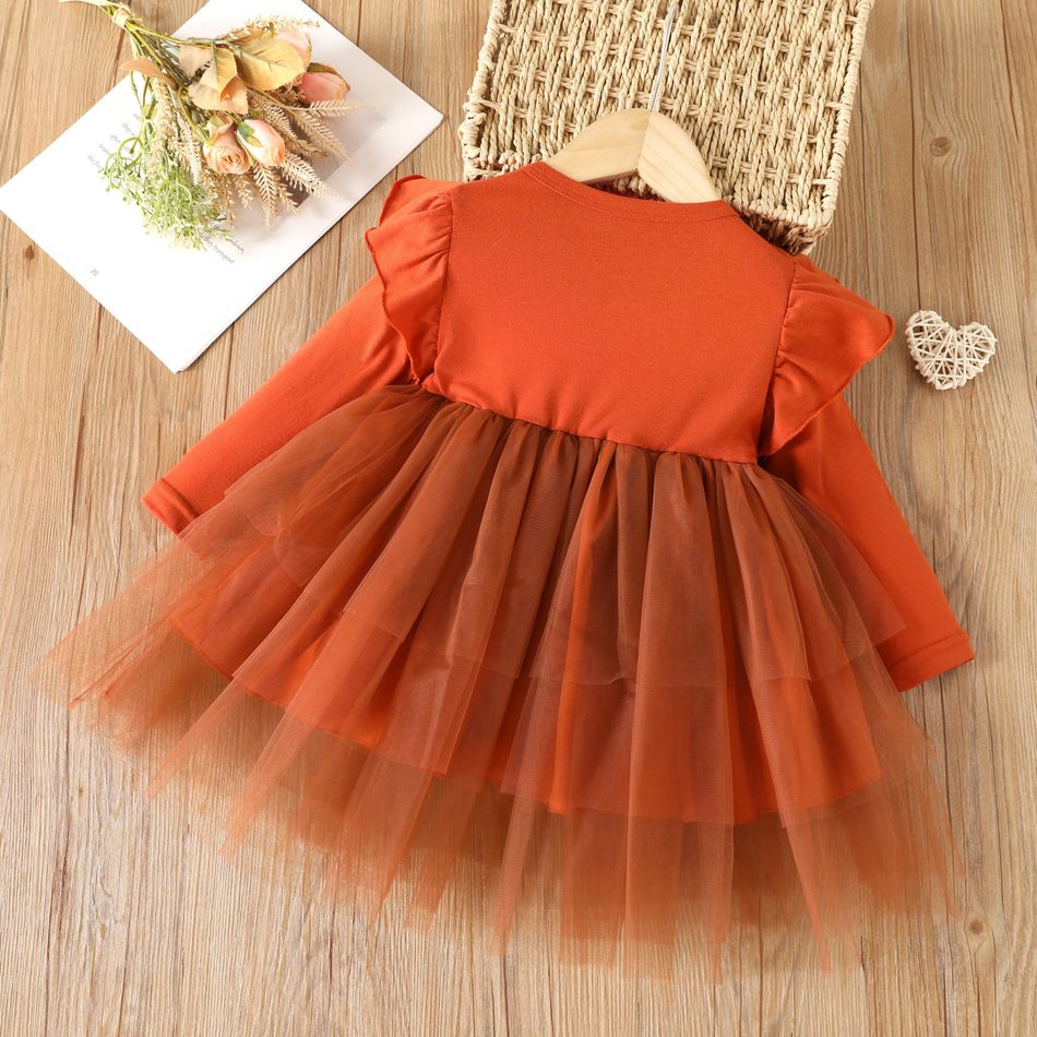 Toddler Girl Elegant Ruffled Mesh Splice Long-sleeve Dress Brown big image 2