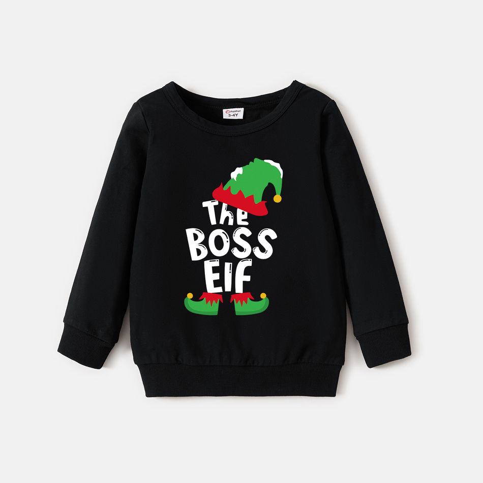 Christmas Family Matching 100% Cotton Long-sleeve Elf & Letter Print Sweatshirts Black big image 4