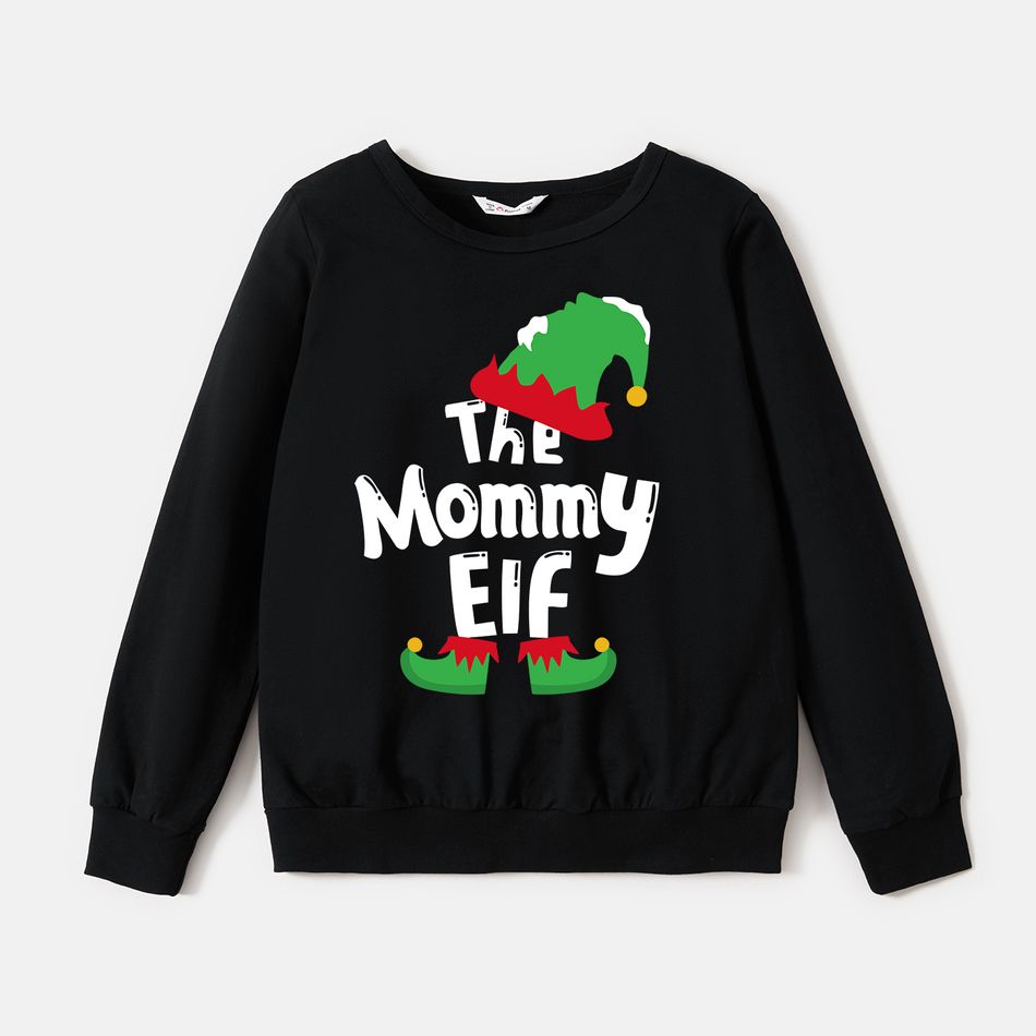 Christmas Family Matching 100% Cotton Long-sleeve Elf & Letter Print Sweatshirts Black big image 3