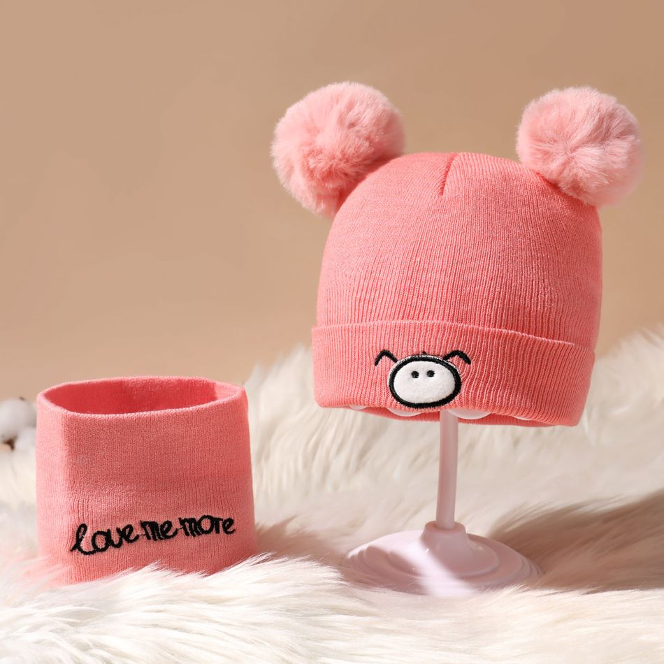 Baby Cute Pattern Pom Pom Decor Beanie Hat & Infinity Scarf Pink big image 2