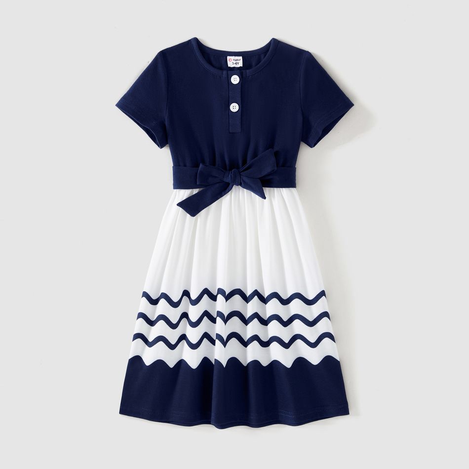 Family Matching Cotton Short-sleeve Spliced Chevron Pattern Dresses and Striped Polo Shirts Sets blueblack big image 4