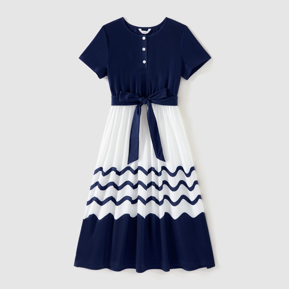 Family Matching Cotton Short-sleeve Spliced Chevron Pattern Dresses and Striped Polo Shirts Sets blueblack big image 2