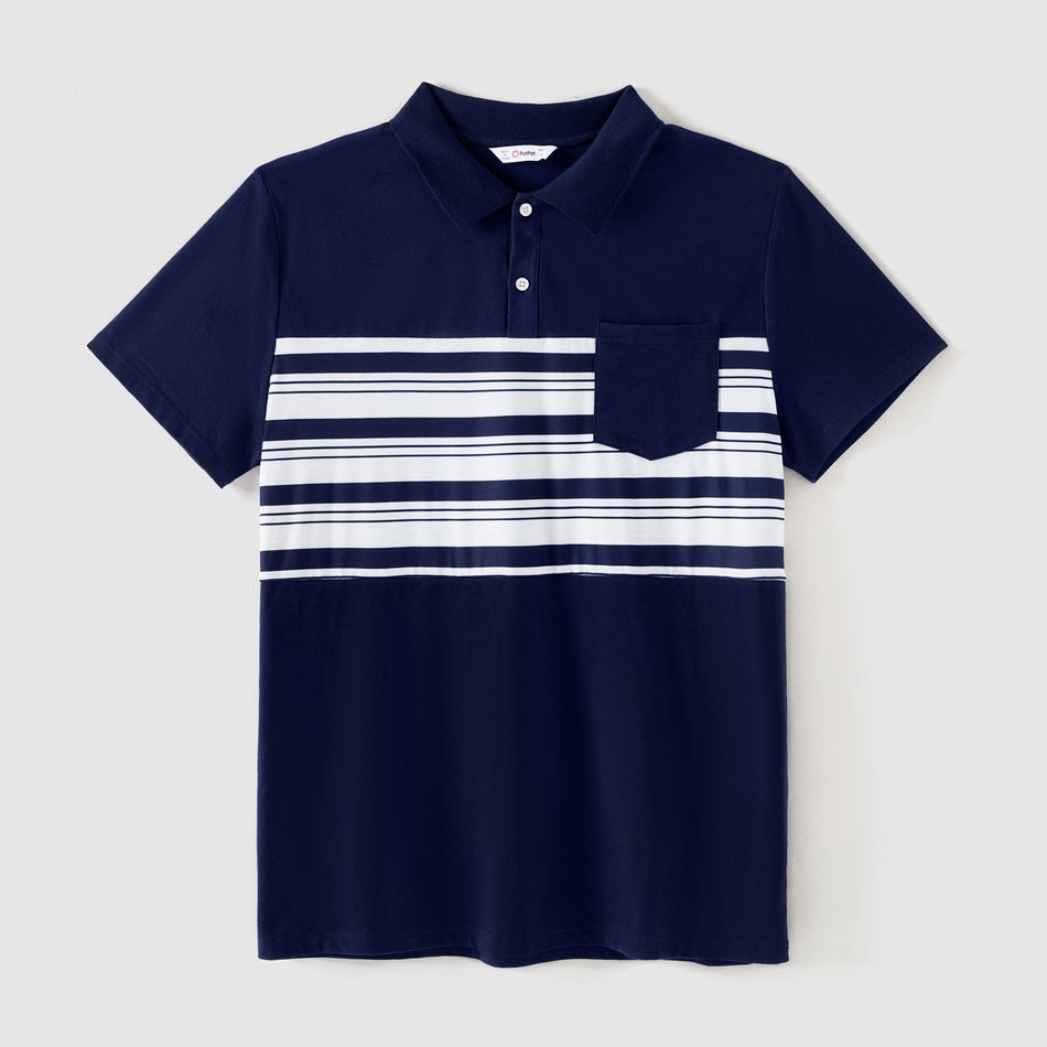 Family Matching Cotton Short-sleeve Spliced Chevron Pattern Dresses and Striped Polo Shirts Sets blueblack big image 7