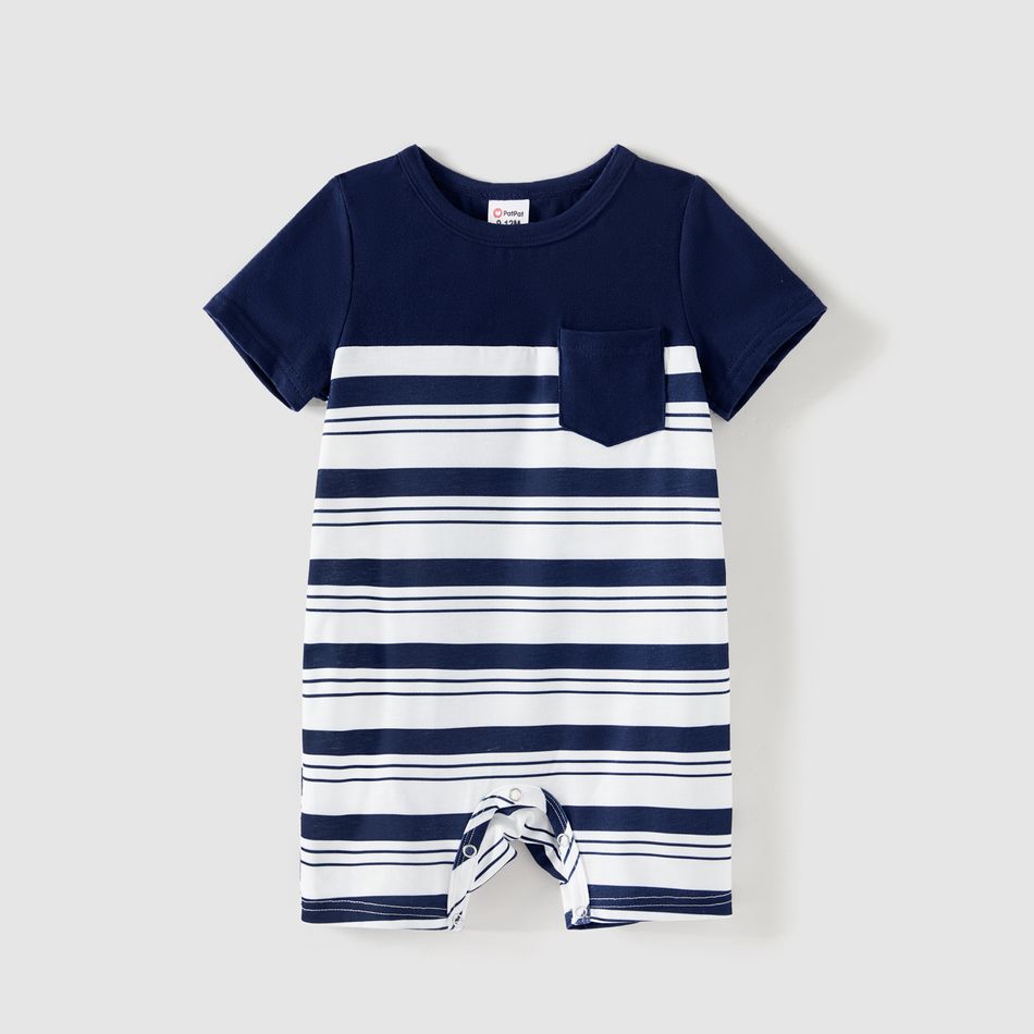 Family Matching Cotton Short-sleeve Spliced Chevron Pattern Dresses and Striped Polo Shirts Sets blueblack big image 11