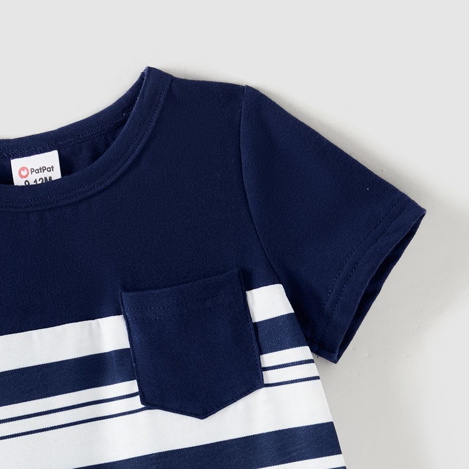 Family Matching Cotton Short-sleeve Spliced Chevron Pattern Dresses and Striped Polo Shirts Sets blueblack big image 12
