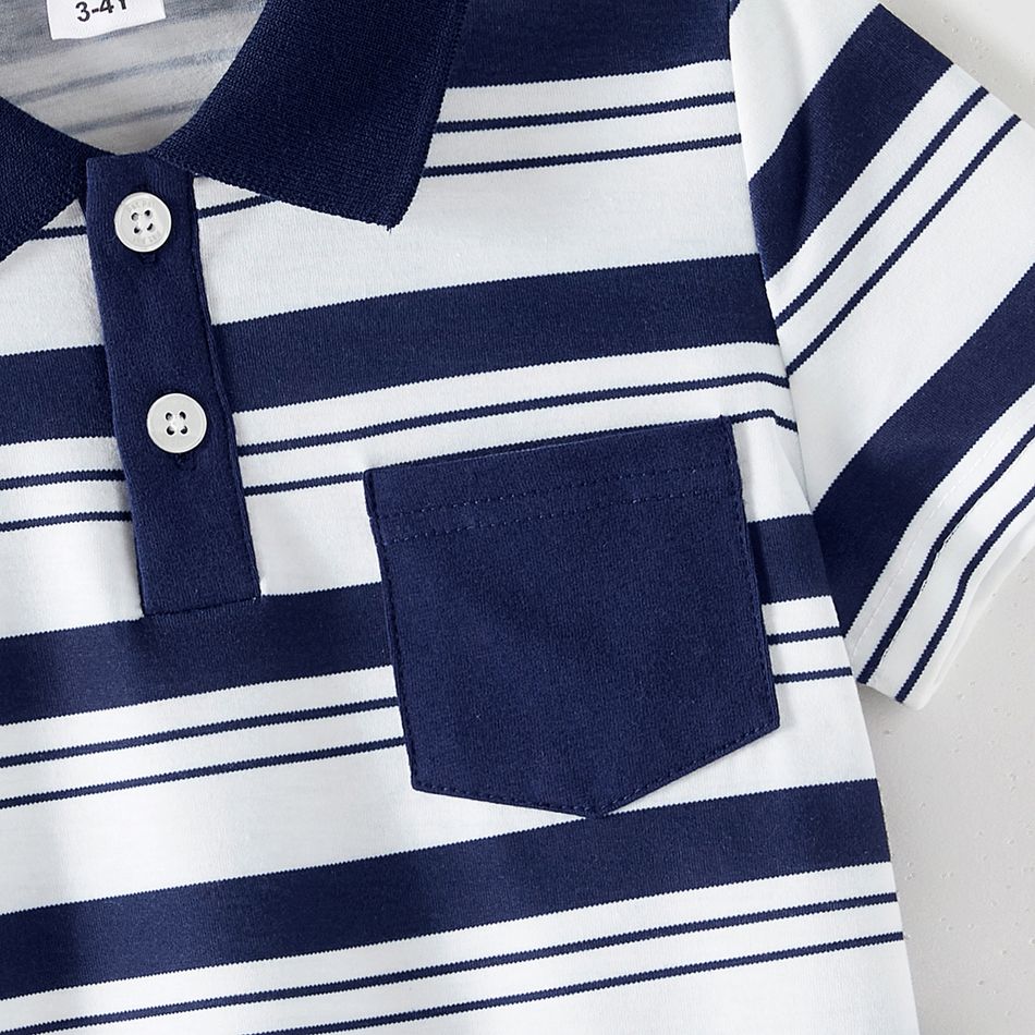 Family Matching Cotton Short-sleeve Spliced Chevron Pattern Dresses and Striped Polo Shirts Sets blueblack big image 10