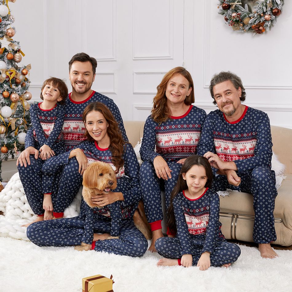 Christmas Family Matching Allover Deer & Snowflake Print Long-sleeve Pajamas Sets (Flame Resistant) DeepSapphireBlue big image 2