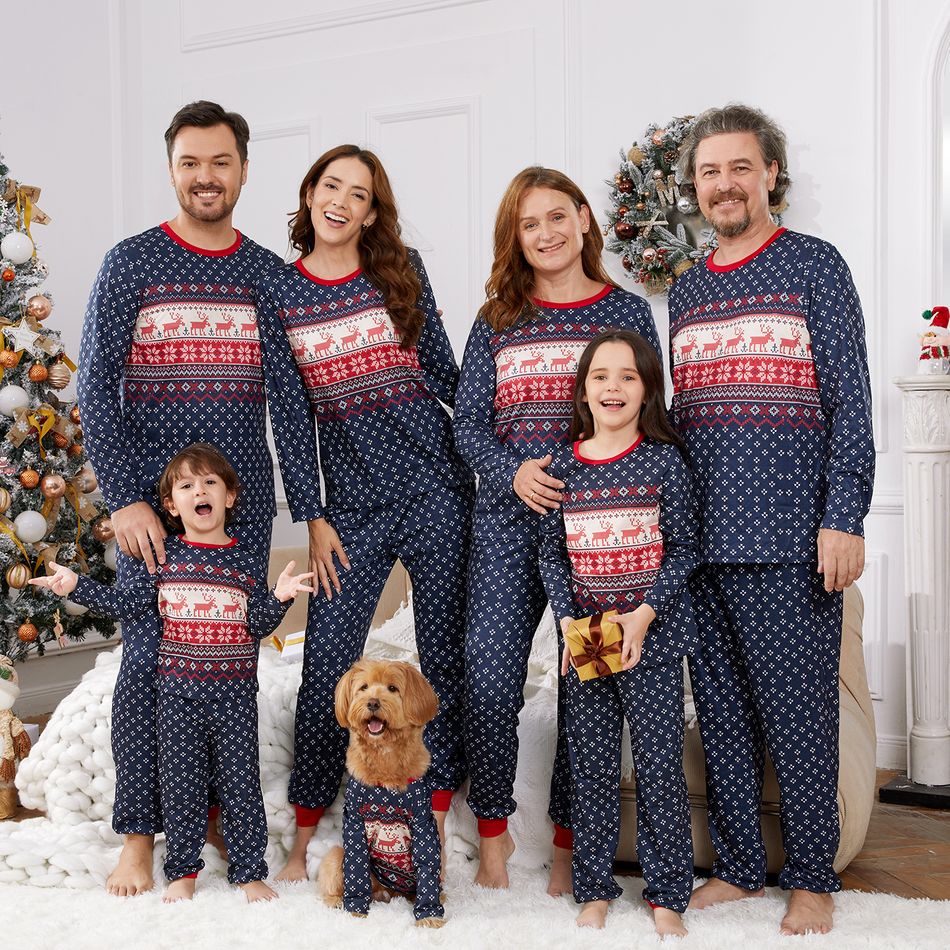 Christmas Family Matching Allover Deer & Snowflake Print Long-sleeve Pajamas Sets (Flame Resistant) DeepSapphireBlue big image 1